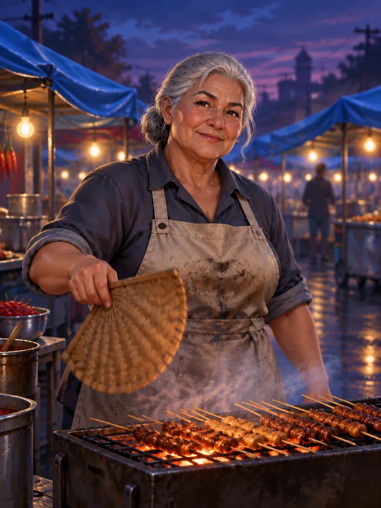 Maud Carrow mengipasi panggangan sate, bara menerangi wajahnya.