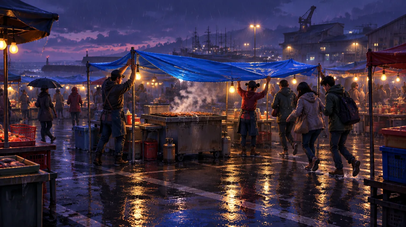 Hujan turun di pasar malam. Dua penjaga menarik terpal biru di atas gerobak panggangan, pengunjung berlari mencari teduh, lampu terpantul di genangan.
