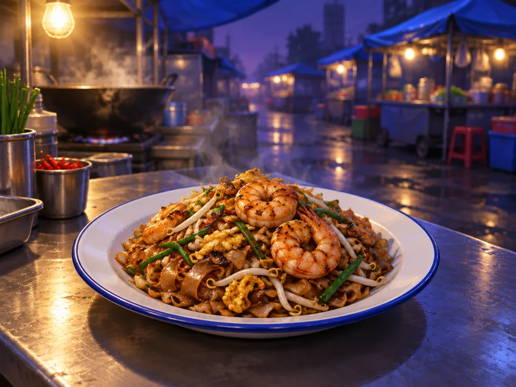 Midnight Char Noodle: kwetiau hangus wajan dengan udang, tauge, dan kucai.