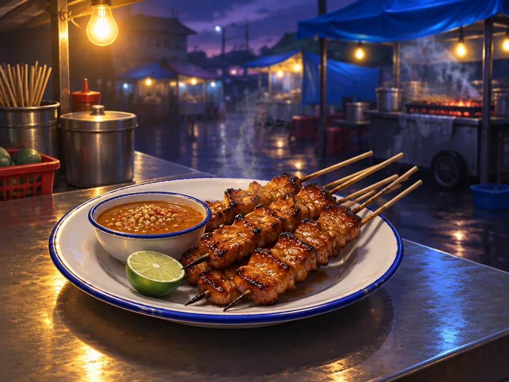 Harbor Satay: tusuk ayam bakar berlapis kecap dengan saus kacang dan jeruk nipis di piring enamel.